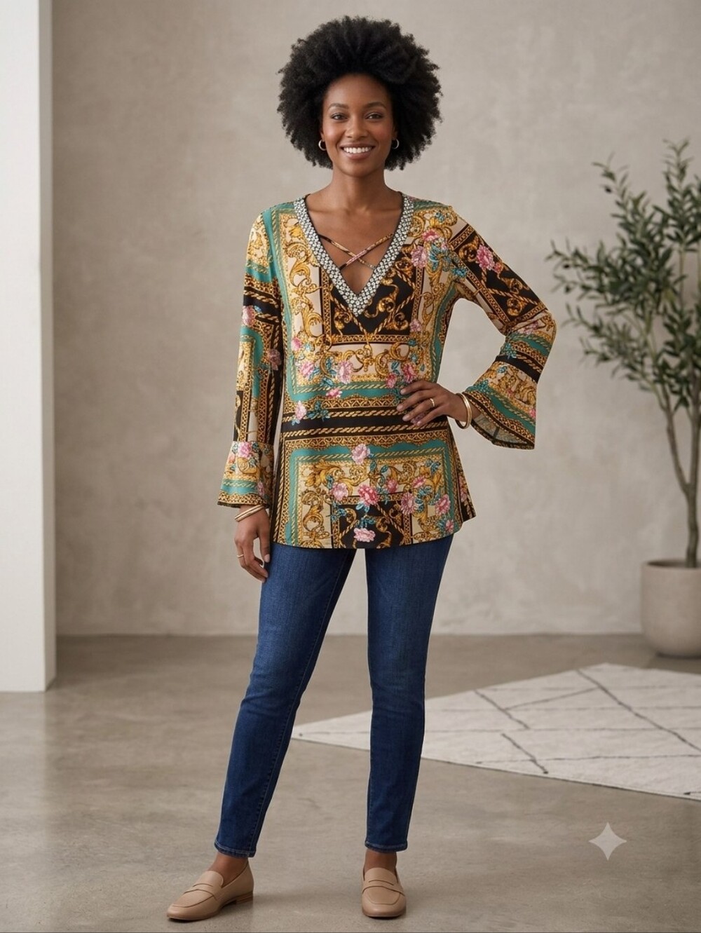 Purple Rain V-Neck Printed Boho Blouse in Green and Gold, Size 1X
